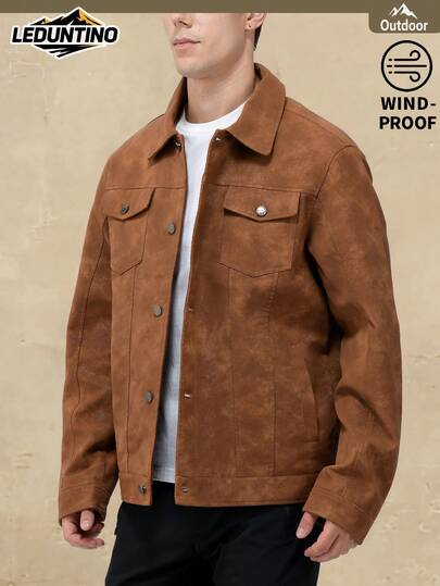 LEDUNTINO 男士时尚纽扣休闲户外皮夹克，运动风，纯色，翻领，送给丈夫/男友的礼物，男士春秋防风皮夹克外套，多口袋，街头风，机车风，男士春秋皮夹克服装，保暖内衬，冬季