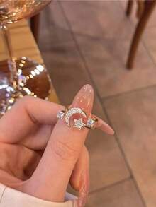 1 Pc Chic Star & Moon Rhinestone Ring - Vintage-Inspired, Perfect For Daily Wear Or Parties, Retro Style, Simple Style Style