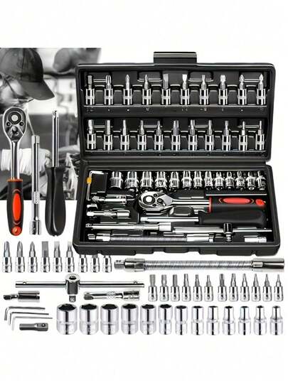 46pcs Professional Multi-Size Auto Repair Tool Kit, Designed For European Vehicles, Includes Torque Wrench, Hex Key, Spline Screwdriver, Metal Tool Box, Suitable For Car Maintenance, Motorcycle Repair, High-Quality Alloy, Mechanic Tool Set