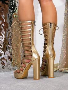 Nightclub Fashionable Party Sexy Lace-Up Waterproof Platform Mid-Calf Boots - Gold - View 3