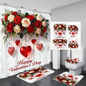 1 pieza/3 piezas/4 piezas Cortina de ducha con patrón de madera de corazón y floral para el Día de San Valentín, juego de decoración de baño, incluye 12 ganchos gratis, con un ambiente elegante festivo, alfombra de baño, alfombra en forma de U, alfombra redonda para el inodoro, adecuado para todos los escenarios