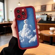 Cubierta de teléfono con borde negro y diseño de nieve azul con muñeco de nieve en nubes para uso diario en cafeterías,Aplicable a los teléfonos de la serie Apple y Galaxy - Blanco - Ver 5