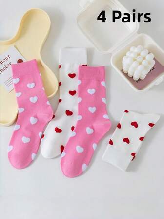 4 pares de calcetines de mujer con estampado de corazón, estilo universitario de media pantorrilla en blanco y rosa, adecuados como regalo para el Día de San Valentín