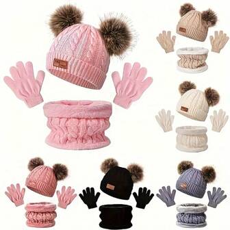 Set de 3 gorros de punto con doble pompón, cálidos y cómodos, un conjunto de gorros de punto versátiles y lindos, accesorios de invierno cálidos para mujer para exteriores