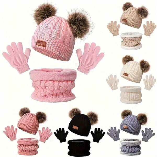 3pcs Set Warm & Comfortable Double Pom Pom Beanie Hat, Fashion Versatile Cute Knitted Knitted Cap Set, Women Winter Outdoor Warm Accessories Vacation Outfits