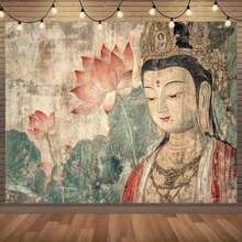 1pc Buddha & Lotus Pond Background - Vibrant Buddhist Art, Blooming Flowers, Suitable For Birthday Parties, Photo Booths, Outdoor Celebrations, Versatile Polyester Decor, Zen Home Accents, Subtle Suitable For Christmas And Halloween Decorations - Multicolor - View 7