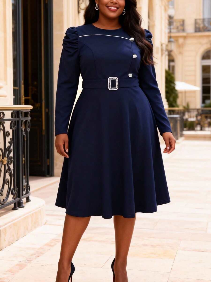 Plus Size Women's Navy A-Line Dress Round Neck Long Sleeve With Gold Button Work Business - 藏蓝色 - 查看 1