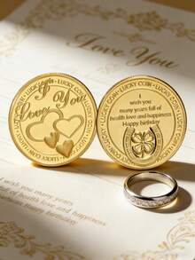 1枚双金幸运币“我爱你”纪念章，带四叶草马蹄铁图案，可随身携带，寓意好运，表达感谢，刻有心形图案的生日礼物，送给爱人或朋友的纪念纪念品，周年纪念纪念品，情人节礼物 - 彩色 - 查看 2