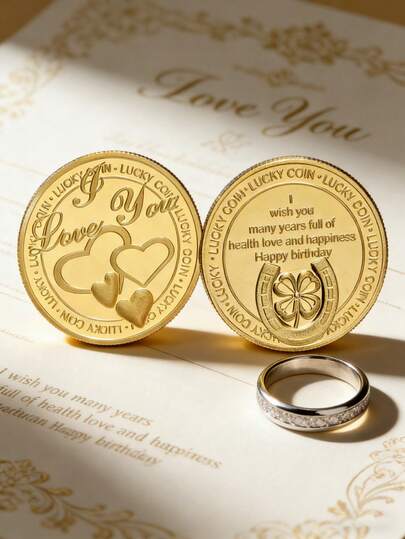 1枚双金幸运币“我爱你”纪念章，带四叶草马蹄铁图案，可随身携带，寓意好运，表达感谢，刻有心形图案的生日礼物，送给爱人或朋友的纪念纪念品，周年纪念纪念品，情人节礼物
