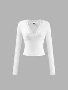 Top Feminina Vuslat de Cor Sólida, Minimalista, com Decote em V e Recorte de Renda, Top Básica Feminina Sexy de Corte Baixo e Ajustada, Cropped de Manga Longa e Justas, Sexy e Elegante, Casual e Chique, para Encontros, Dia dos Namorados