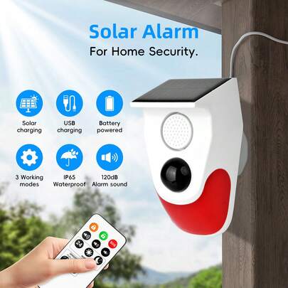 ALARMEST Outdoor Solar Sound Light Alarm System, Motion Sensor, 120DB Siren, Sound Alert, Flash Strobe Security Alarm System
