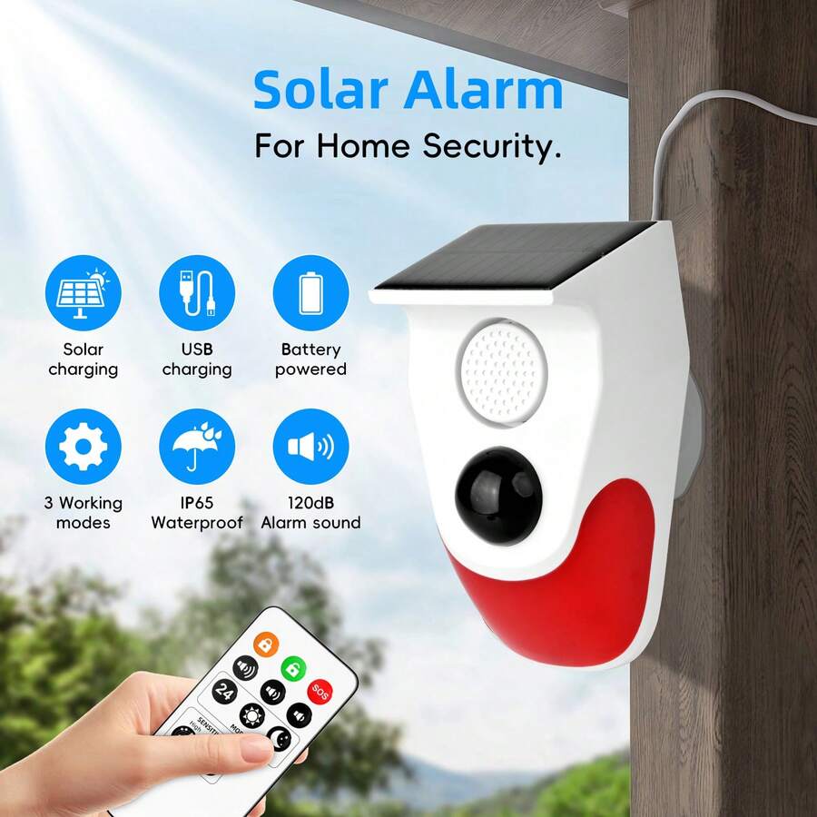 Sistema de alarma de luz y sonido solar para exteriores ALARMEST, sensor de movimiento, sirena de 120 dB, alerta de sonido, sistema de alarma de con luz estroboscópica - Blanco - Ver 1