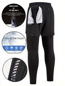 1pc Men's Sports Pants, 4-Season Fitness 2 In 1 Pants, Anti-Exposure, Elastic Lining With Pockets, Running Print - Black - View 3