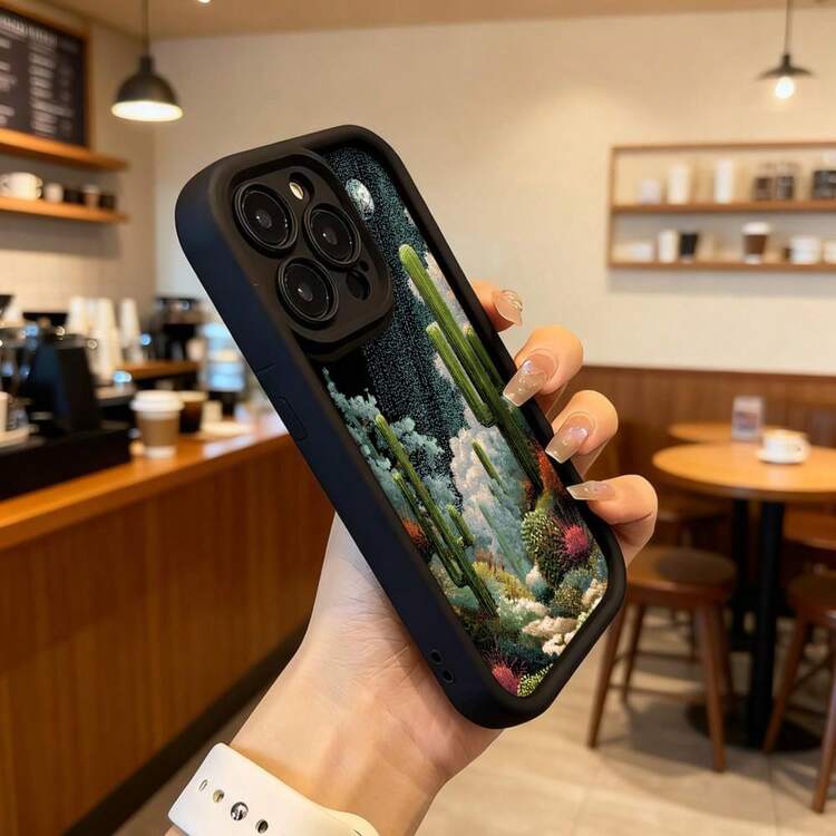 Funda para teléfono con diseño de cactus y paisaje desértico negro funda protectora para iPhone con estampado de plantas suculentas y cielo estrellado ideal para uso diario en cafeterías y espacios urbanos,Aplicable a los teléfonos de la serie Apple y Galaxy - Negro - Añade 6
