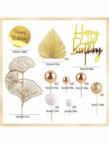 26件铂金球蛋糕装饰，香槟玫瑰蛋糕装饰，配以仿金棕榈叶，波西米亚风格生日蛋糕装饰，生日快乐蛋糕插牌，适用于生日蛋糕装饰、波西米亚婚礼、婴儿派对蛋糕装饰 - 彩色 - 查看 2