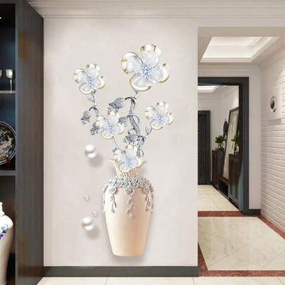 1pc 3D Crystal Flower Vase Wall Sticker, Luxury Crystal Flower Decor Sticker For Living Room, Entrance, Wall Ambiance Enhancement