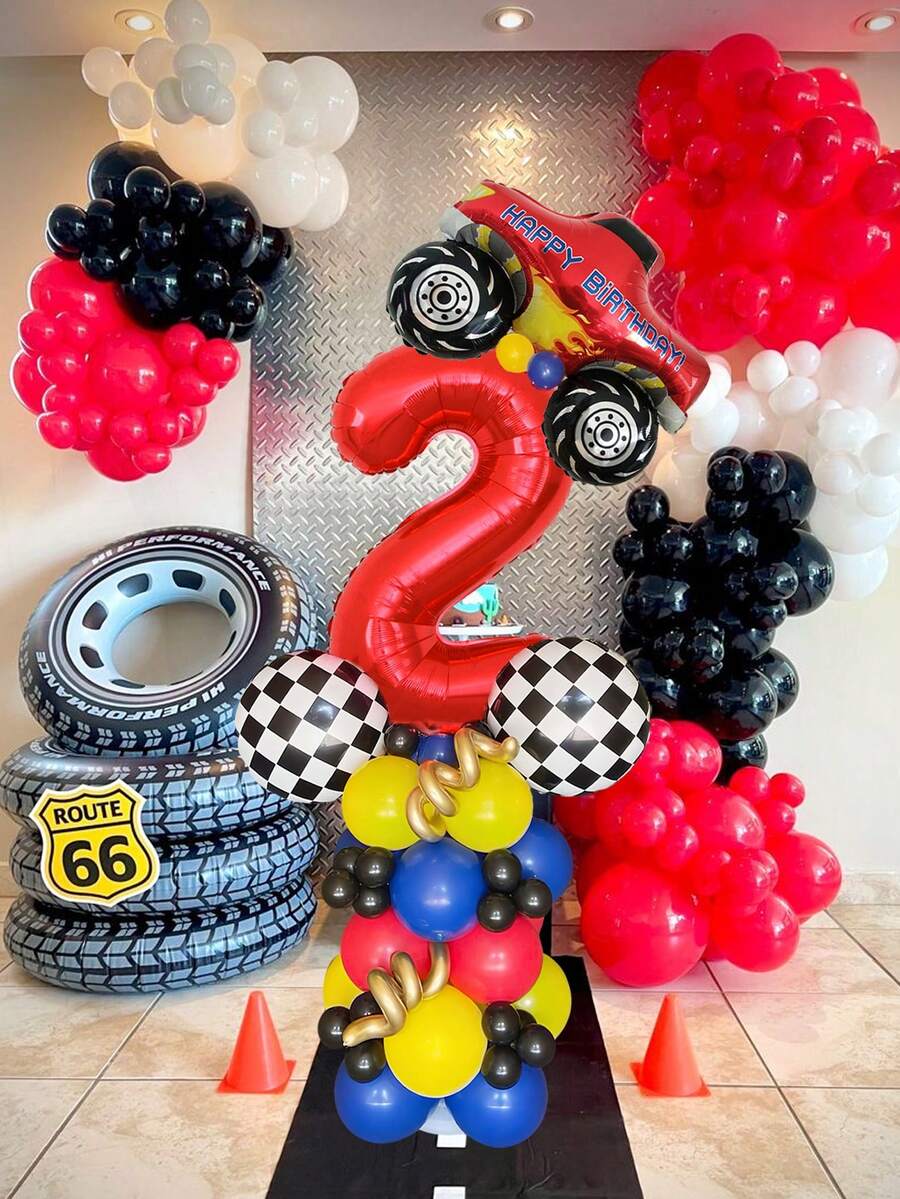 46pcs/Set Racing Theme Birthday Balloons, Includes 32-Inch Red Number 1-9, 18-Inch Black And White Checkered Foil Balloons, Pickup Truck Balloons, Suitable For Birthday Party Decoration, Transportation Theme Party, Racing Theme Party - Multicolor - View 1