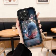 Cubierta de teléfono con diseño tridimensional de ballena azul y flores de cerezo en burbuja negra para uso diario en cafeterías y espacios casuales,Aplicable a los teléfonos de la serie Apple y Galaxy - Café integral - Ver 1