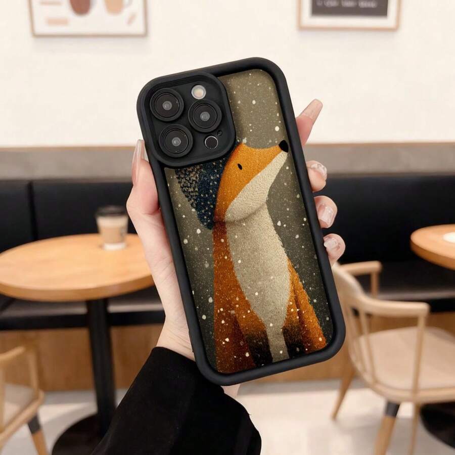 Cubierta de telefono con borde negro diseño de zorro en nieve estampado artístico para uso diario y estilo casual,Aplicable a los teléfonos de la serie Apple y Galaxy - Negro - Ver 1