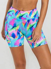 Pantalones cortos deportivos casuales básicos con estampado de teñido anudado para mujer de talla grande, pantalones cortos de yoga de cintura alta con bolsillo para teléfono, adecuados para regalos de Navidad, Año Nuevo, Día de San Valentín, correr, entrenamiento, fitness, uso diario, verano - Azul - Ver 2
