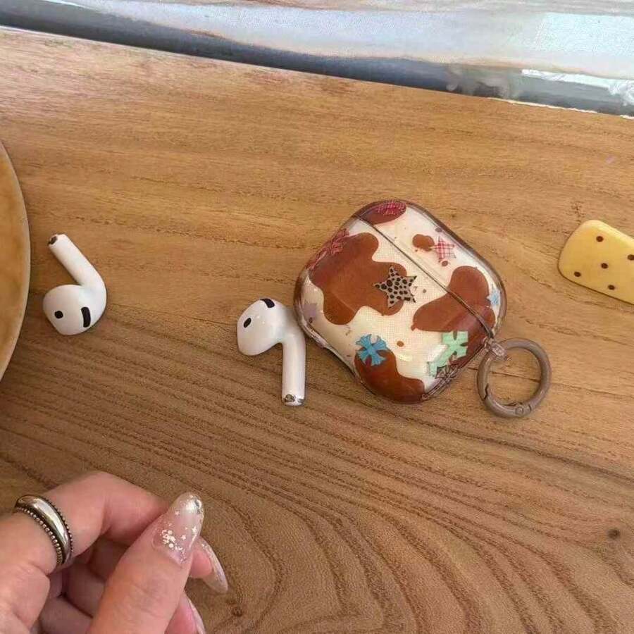 1 Capa Transparente Marrom Geométrica com Estrela Colorida e Desenho de Coração, Compatível com Capa para Apple AirPodsPro3/AirPods3/AirPods2/AirPodsPro/Pro2/AirPods4/AirPods3