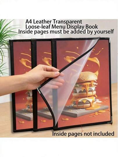 1Pc A4 Leather Clear PVC Menu Display Book Refillable Recipe Binder Restaurant Menu Holder Organizer(Silver-Corner Wrapped Styles, Random Delivery.)