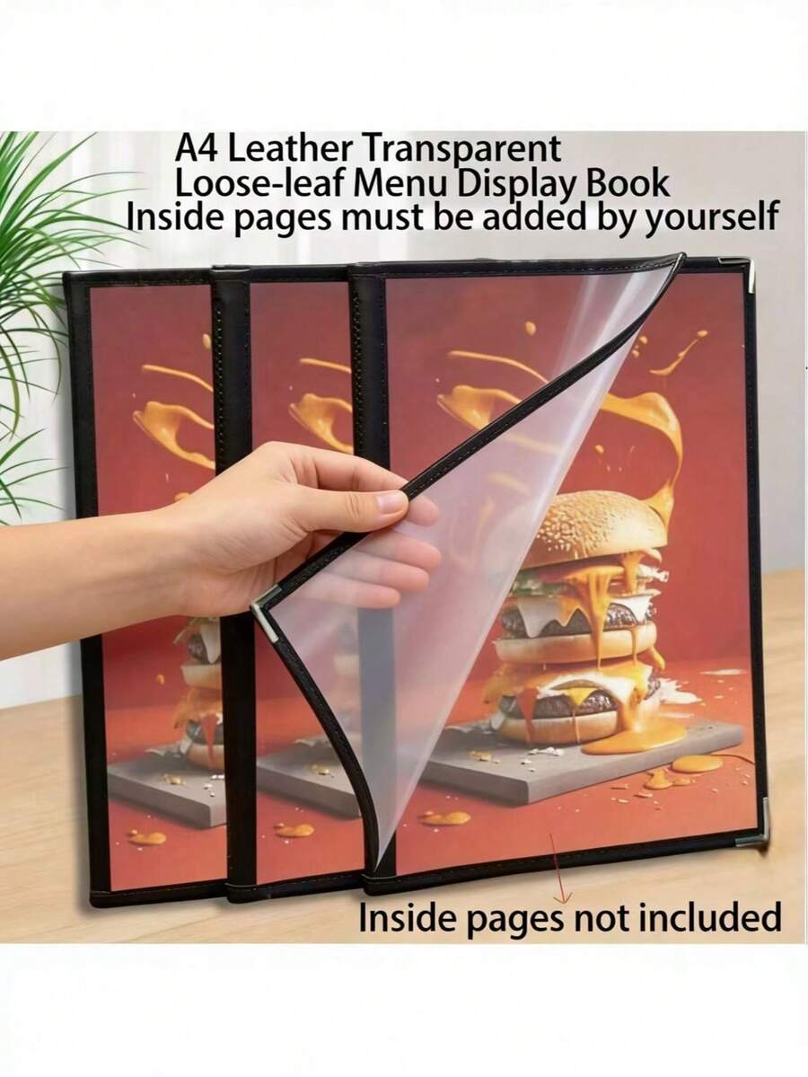 1本A4皮革透明PVC菜单展示册可替换内页食谱活页夹餐厅菜单收纳册（银色包角款式，随机发货。）