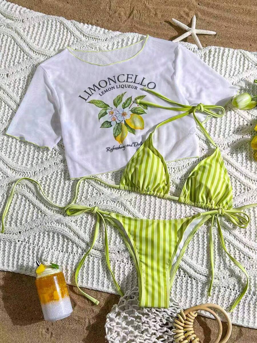 Bộ bikini 3 mảnh gồm áo crop top lưới in họa tiết chanh và áo buộc dây phía trước kẻ sọc xanh lá cây, thích hợp cho kỳ nghỉ hè trên bãi biển. - Nhiều màu - Xem 1