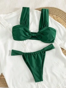 New Solid Glossy Fabric Thick-Strap Sexy Bikini, Women Beach Swimwear, Summer Fashion