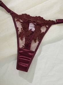 Sexy Christmas Costume,Burgundy 2pcs/Set Women Sexy Lingerie Set, Single-Layer Mesh Push Up Bra And Thong, Intimate Apparel For Couples That Reveals The Feminine Charm, See-Through Bra, Bralettes For Women,Club Outfits Women Sexy - 褐紫 - 查看 5