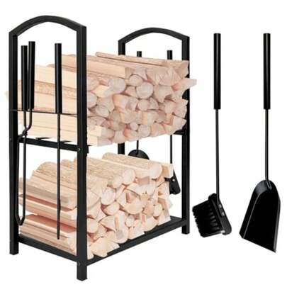 Firewood Rack Indoor With 4pcs Fireplace Tools SetIron Wood Rack For Firewood Storage Log Holder For Outdoor Fire Pit And Wood Stove With Poker Brush Shovel Tongs Black 45x30x74.5cm