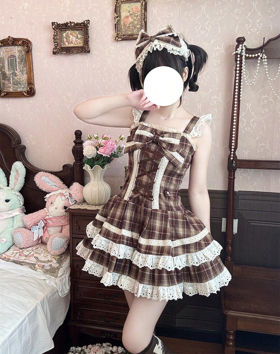 Heartbeat Praise *JSK] Zhijinyuan Lolita Original Autumn Two-Dimensional Lei Dress Lolita Dress - 咖色格JSK - 查看 1