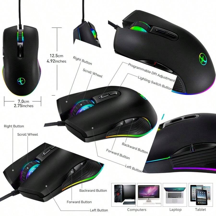 IULONEE Ratón tipo C USB C con cable para juegos ergonómico 4 RGB retroiluminado 3200 DPI compatible con M@c Matebook Comebook HP OMEN Windows PC portátil y más dispositivos USB tipo C - Rosado - Ver 1