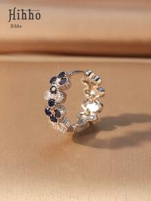Hihho 1pc Colorful Gemstone Inlaid Fashion Multi-Layer Cubic Zirconia Retro C-Shaped Floral Ear Cuff, Geometric Design Copper Jewelry For Women - Silver - View 5