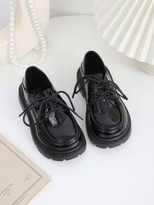 1 Pair Versatile Leather Dress Shoes, Simple Lace-Up Design, PU Leather Matte Finish, Round Toe, Casual British Style, Suitable For 5-15 Years Old Students, School, Ceremony, Daily Casual Wear, Spring/Summer New Arrival - Black - View 4