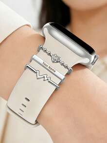 Personalized Watch Band Charms Set, Custom Engraved Name Bar & Heart Charm, Heart & Love & Pulse Design, Engraved Gift For Women Girls, Valentine's Day Jewelry Accessory,Birthday, Anniversary, Valentine's Day, Couple Gift, Cute Watch Decoration - Multicolor - View 9