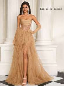 Women's Mesh French Fishtail Light Dress, Birthday Party Cake Princess Gown, Elegant Strapless Formal Gown, Charming & Sexy - Khaki - View 2