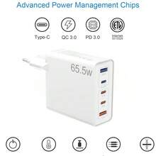 65.5W USB-C 充电器，5 端口快速充电器，带 LED 指示灯，USB-C 电源适配器插头，PD/PPS 兼容 Macbook Pro/Air、 17/16 Pro、iPad、Galaxy S25/S24、HP/笔记本电脑，黑/白 - 查看 3