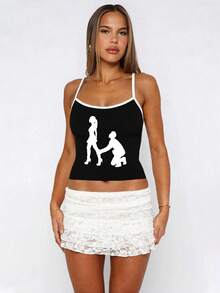 LOVE JOYY Neues Damen-Figurenprint Y2K Ästhetik Trägerhemd, geeignet für den täglichen Sommertragen - Schwarz und Weiss - Übersicht 3