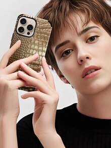 1个黑色鳄鱼皮纹理防震保护手机壳，带旋转音效设计，兼容 - 玫瑰金 - 查看 3