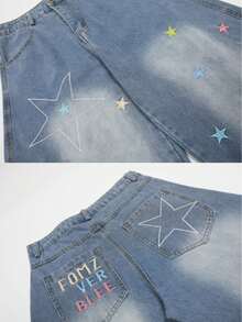 Jeans de mezclilla bordados con estrellas para mujer, Pantalones anchos desgastados con lavado otoñal Corte holgado Pantalones largos casuales versátiles - Azul - Ver 6