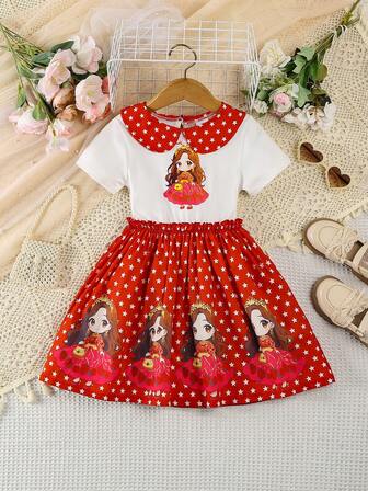 小女孩彼得潘领短袖可爱灯笼领连衣裙