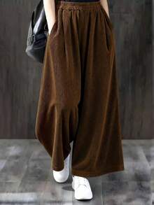 女士高腰阔腿灯芯绒裤，宽松直筒休闲裤，百搭橄榄绿，适合所有季节春季穿着 - 卡其色 - 查看 3