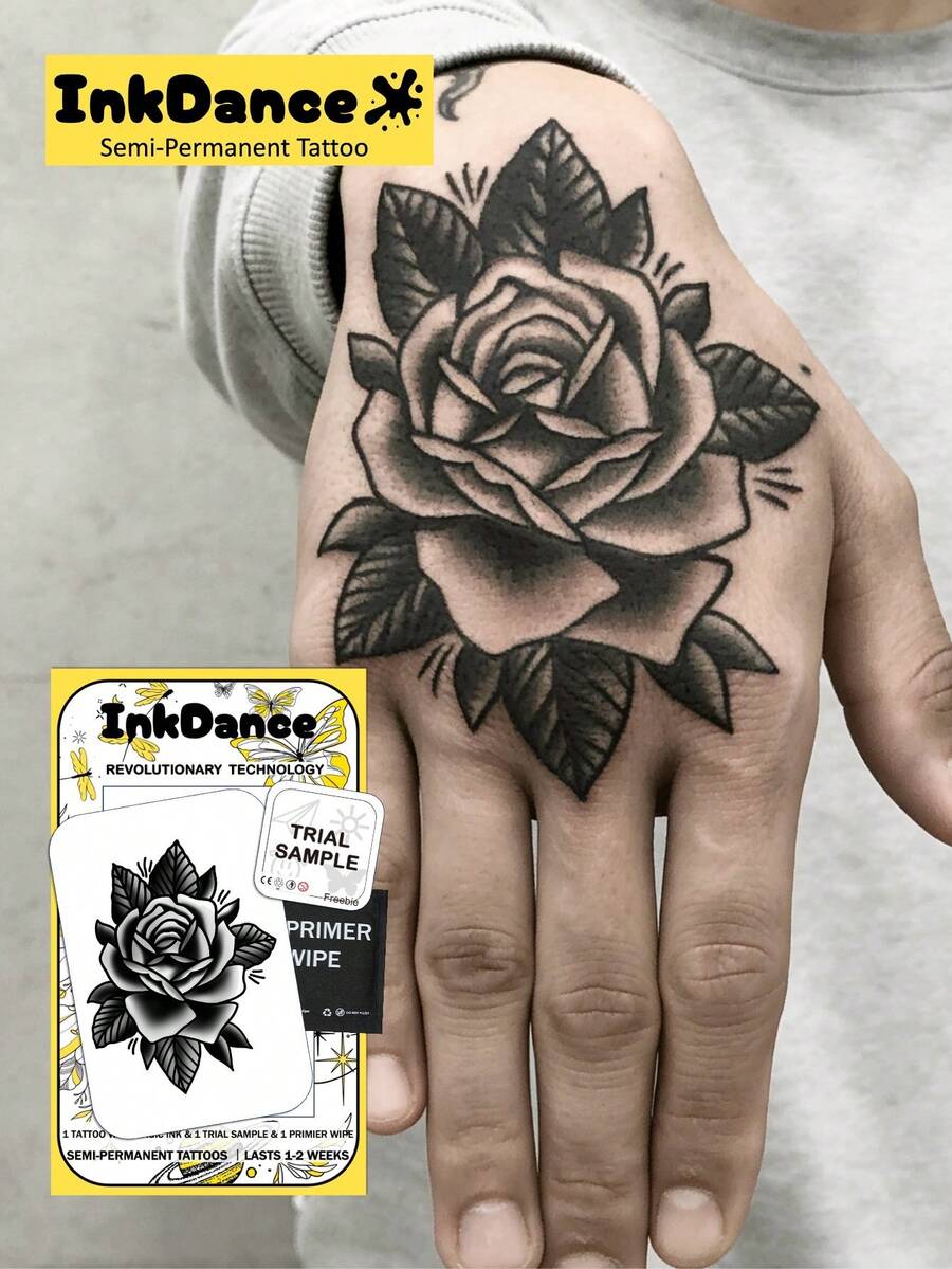 1套手部花朵革命性技术纹身贴纸，半永久纹身，临时纹身，男士手部纹身，持久耐用，防水，逼真纹身效果，植物基，D134 - 黑色 - 查看 1