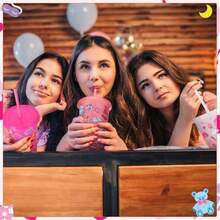 12 tazas para fiesta de pijamas con tapas y popotes 24 onzas con purpurina suministros para fiesta de pijamas para niñas - Rosa - Ver 5
