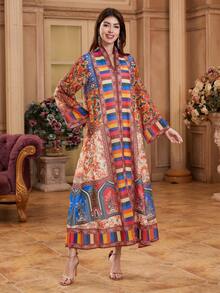 Ramadan Middle Eastern Ramadan Long Robe V-Neck Long Sleeve Dress, Print For Daily, Festival, Party Wear - Red - View 9