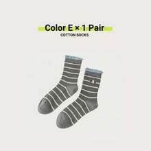 1 3 5 Pares de Calcetines de Algodón para Mujeres, Bordado de Perro de Dibujos Animados, Estilo Coreano Japonés, Bloques de Color, Rayados, Cálidos, Calcetines de Media Pantorrilla - 3 pares al azar - Ver 11
