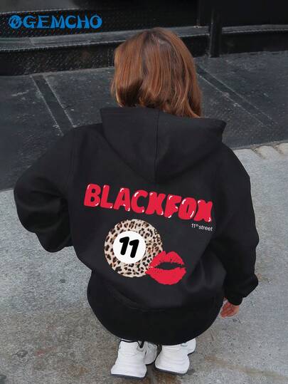 GEMCHO 11th Street Women's Sweatshirt, Leopard Print, Berry Graphic, Oversized Fit, Black Pullover, Drop Shoulder, With Pockets