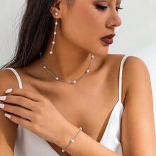 Juego de Joyería para Mujer Juego Collar Perlas 3 Piezas Exquisitos Pendientes Pulsera y Collar de Perlas Conjunto de Joyería Retro Chapada en Oro/Plata de 14 Quilates Traje Hipoalergénica Fiesta Bodas Personalidad Moda Regalo Joyería Cumpleaños y Aniversario para Mujeres - Plata - Ver 6