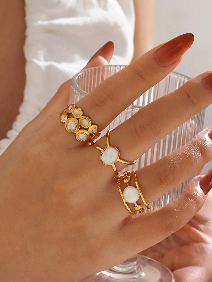 3件套不锈钢时尚白色滴油圆戒指，适合女性日常及派对佩戴的高级珠宝